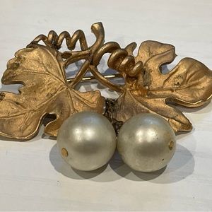 Vintage Copper Color Double Leaf Brooch PIn Vines 2 Dangling Pearls Fall Autumn